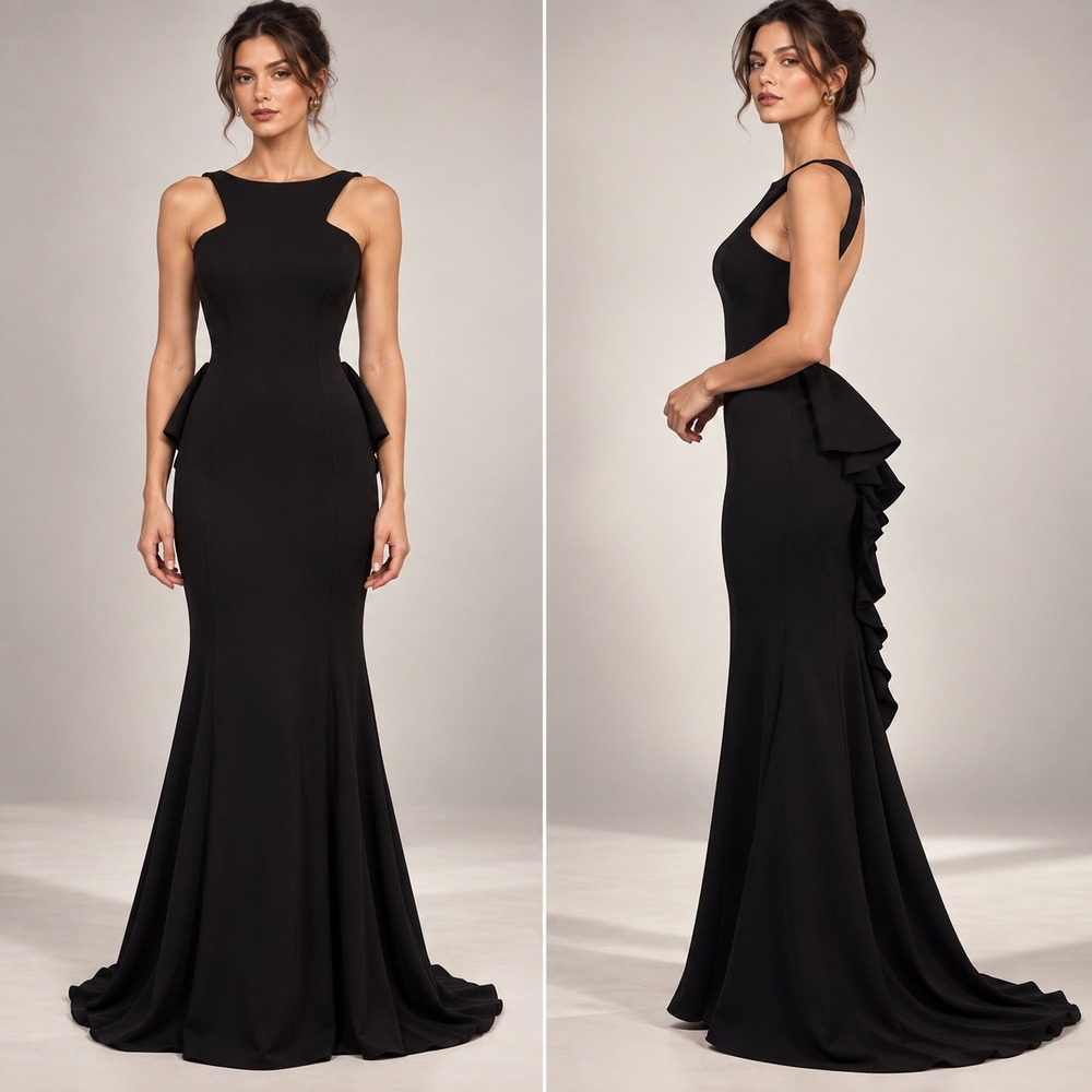 XSCAPE Gown Women 4 Black Open Back Ruffle Peplum Cutout Maxi Train minimalist